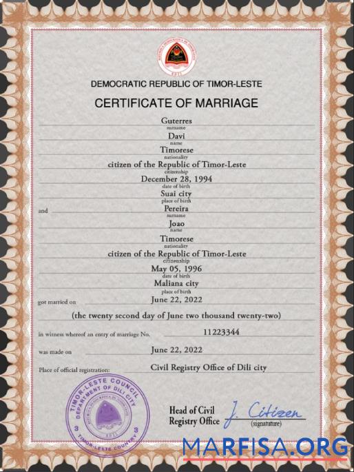 Printable Timor Leste marriage certificate PSD template